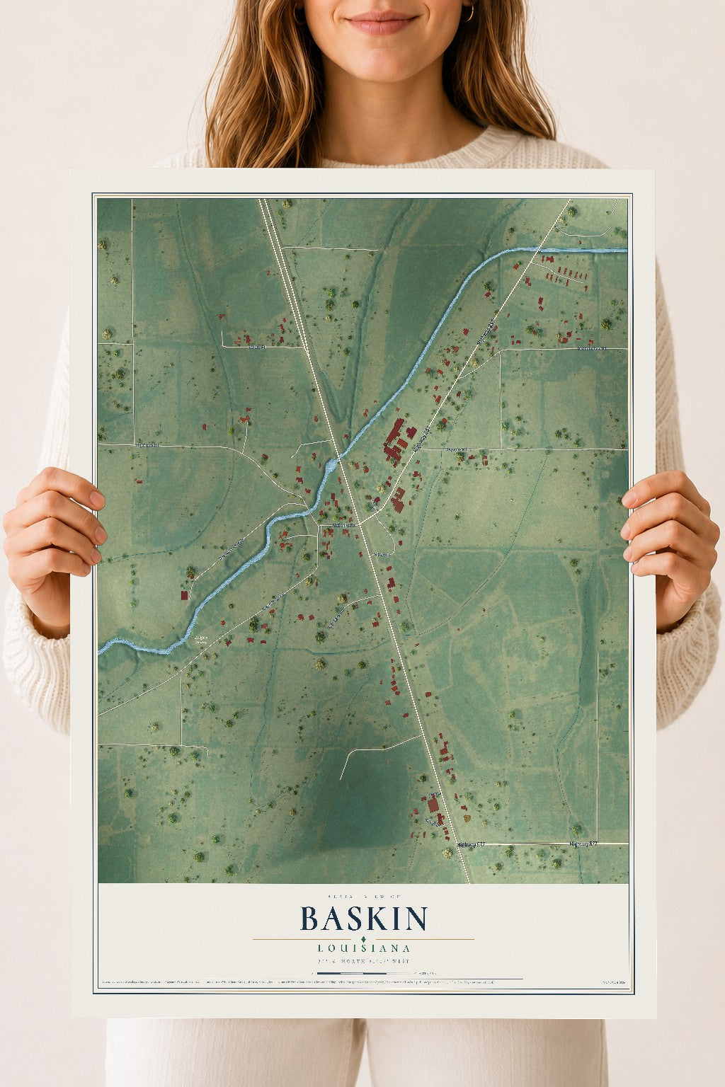 Map of Baskin, Louisiana, 18 x 24 inch unframed archival matte print