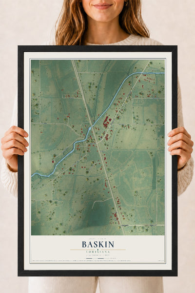 Map of Baskin, Louisiana, 18 x 24 inch print in a black wood frame