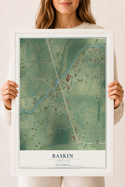 Map of Baskin, Louisiana, 18 x 24 inch print in a white wood frame