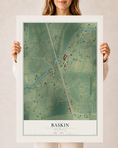 Map of Baskin, Louisiana, 24 x 36 inch print in a white wood frame