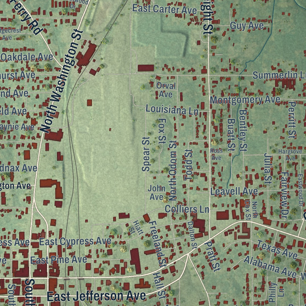 Close-up of the map of Bastrop, Louisiana print showing street and building detail