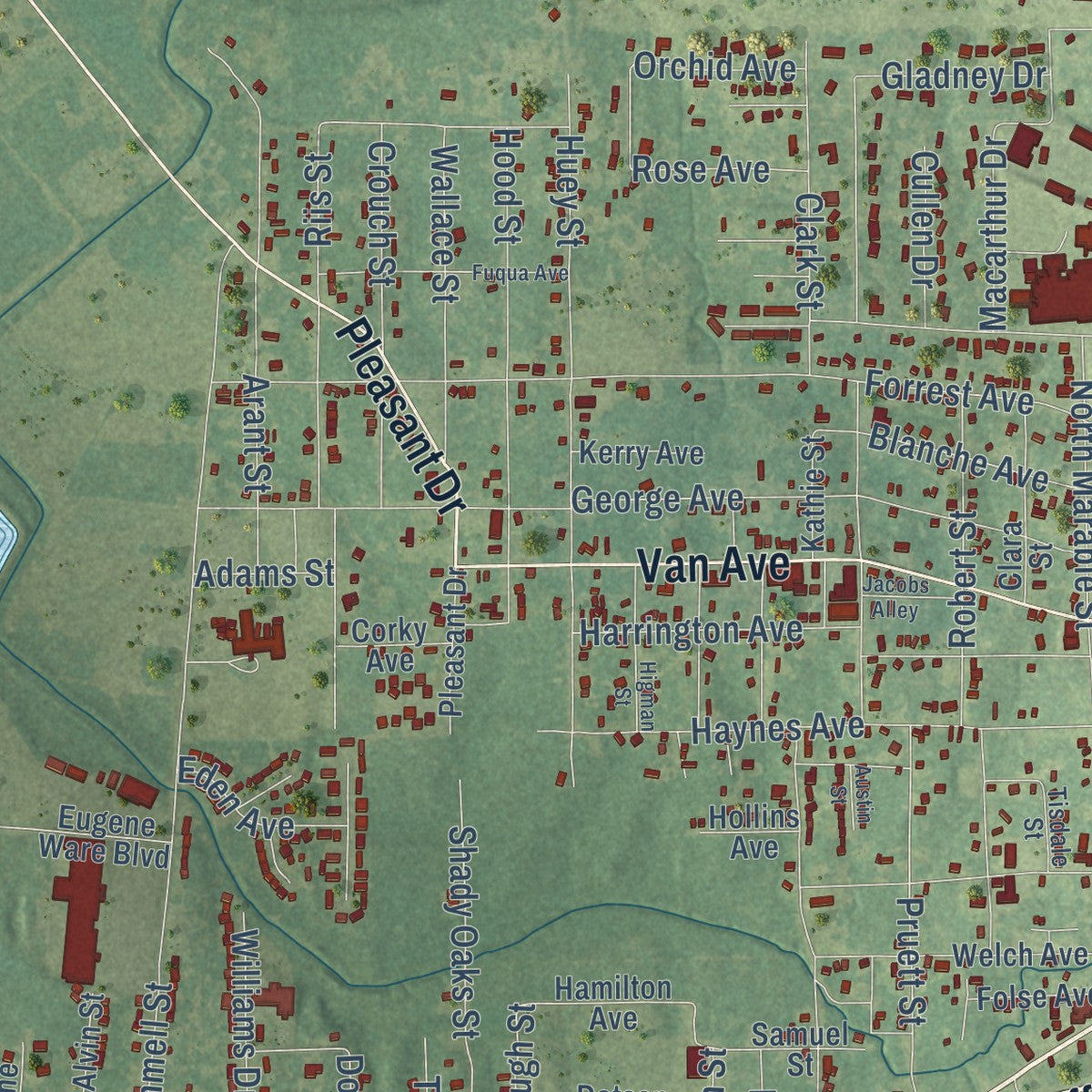 Second close-up of the map of Bastrop, Louisiana print showing more streets and buildings