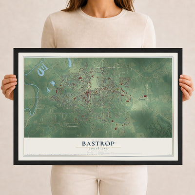 Map of Bastrop, Louisiana, 12 x 18 inch print in a black wood frame