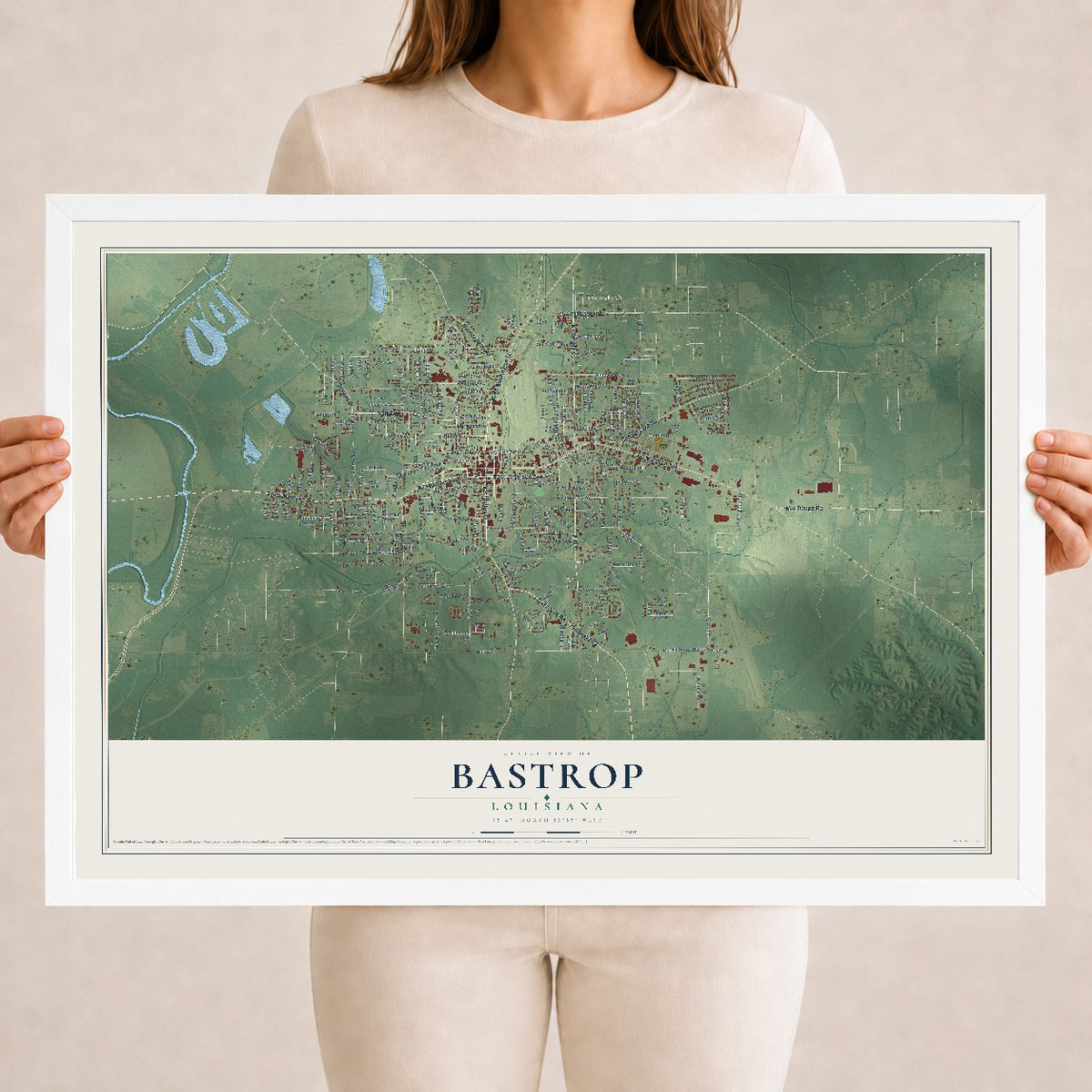 Map of Bastrop, Louisiana, 18 x 24 inch print in a white wood frame