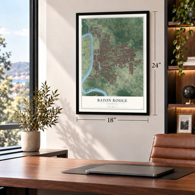 Baton Rouge, Louisiana map, 18 x 24 inch print in a black frame in a home office