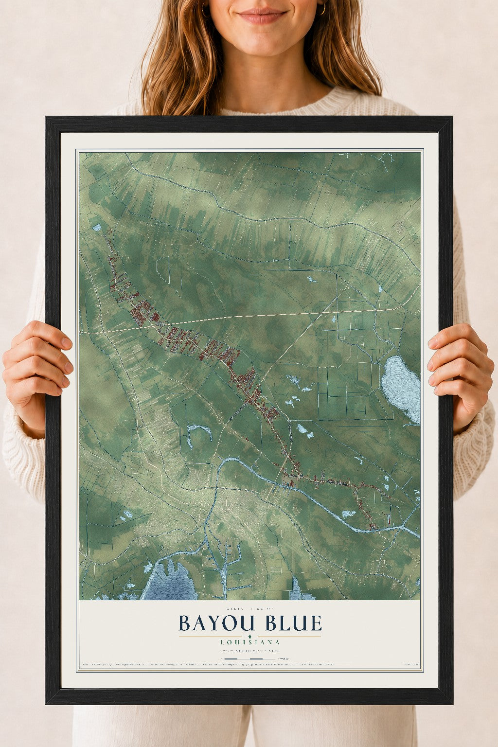 Map of Bayou Blue, Louisiana, 18 x 24 inch print in a black wood frame
