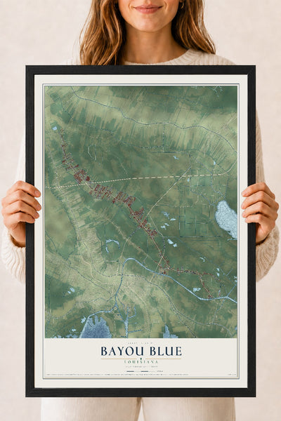 Map of Bayou Blue, Louisiana, 18 x 24 inch print in a black wood frame