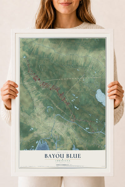 Map of Bayou Blue, Louisiana, 18 x 24 inch print in a white wood frame