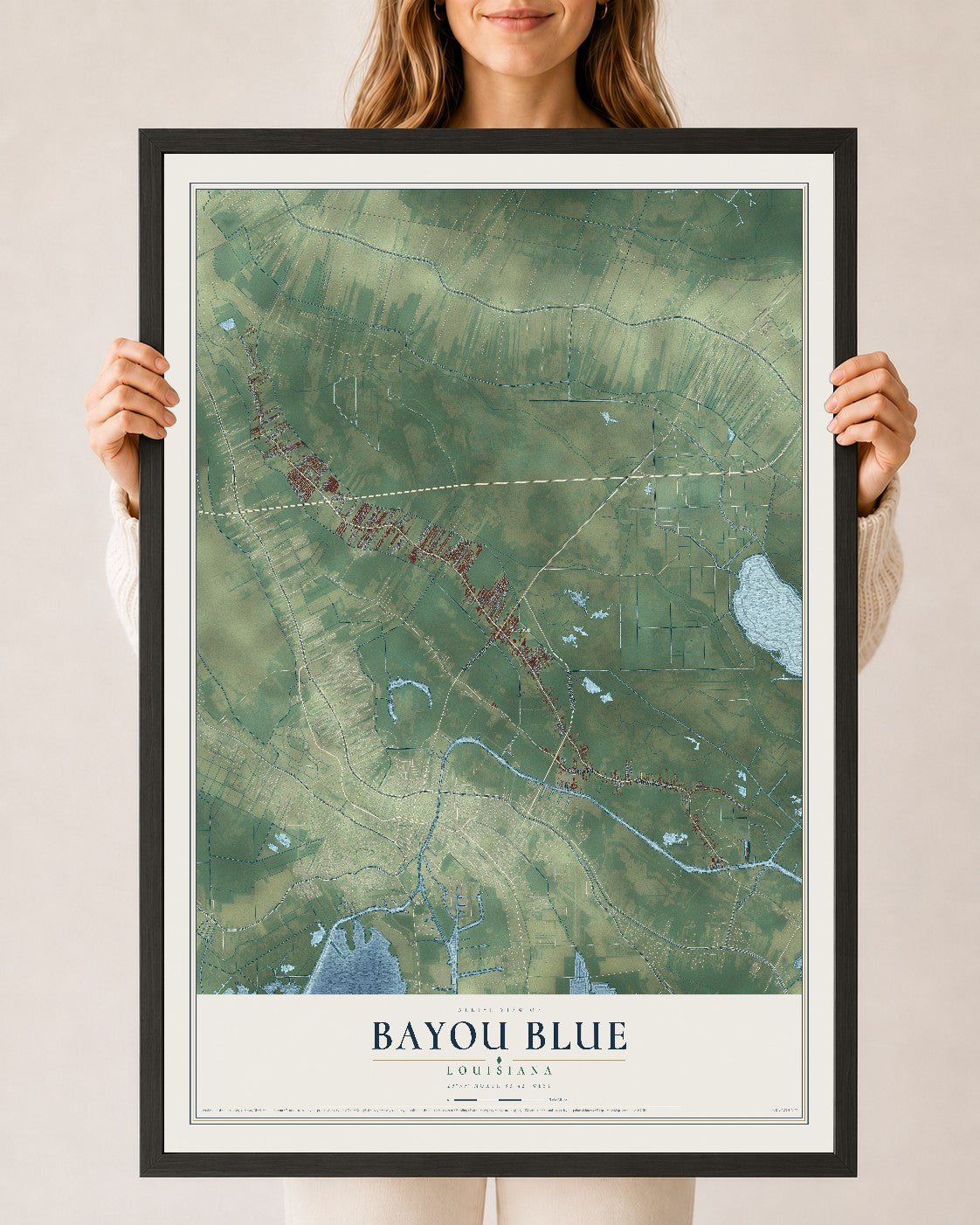 Map of Bayou Blue, Louisiana, 24 x 36 inch print in a black wood frame