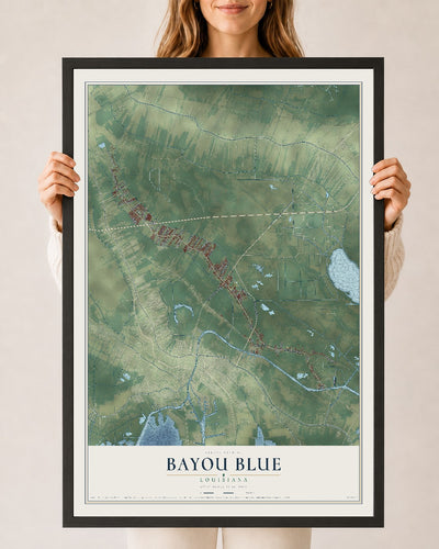 Map of Bayou Blue, Louisiana, 24 x 36 inch print in a black wood frame