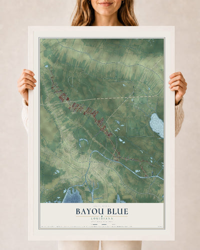 Map of Bayou Blue, Louisiana, 24 x 36 inch print in a white wood frame