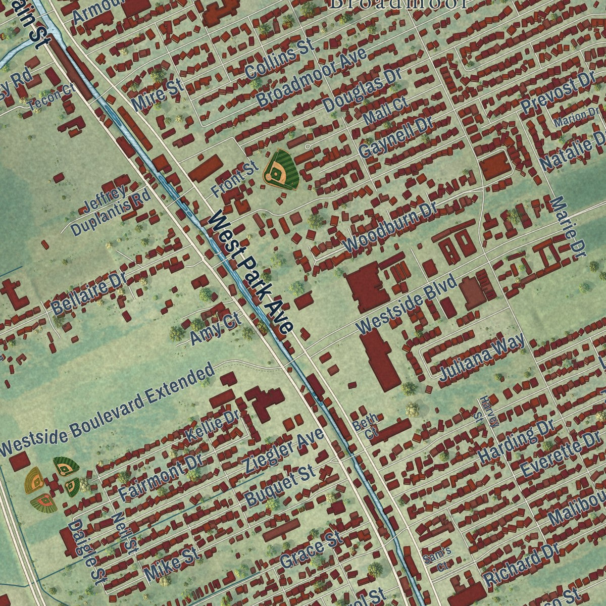 Close-up of the map of Bayou Cane, Louisiana print showing street and building detail