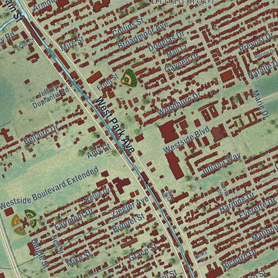 Close-up of the map of Bayou Cane, Louisiana print showing street and building detail