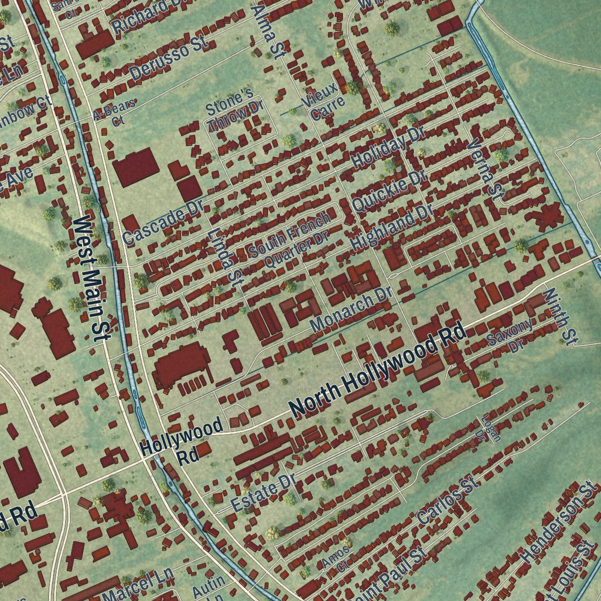 Second close-up of the map of Bayou Cane, Louisiana print showing more streets and buildings