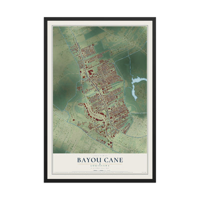 Map of Bayou Cane, Louisiana, 12 x 18 inch print in a black wood frame