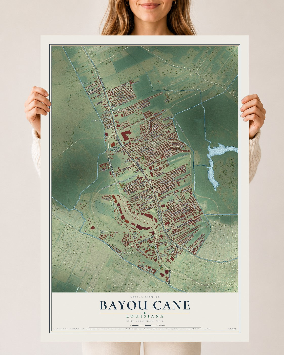 Map of Bayou Cane, Louisiana, 24 x 36 inch unframed archival matte print