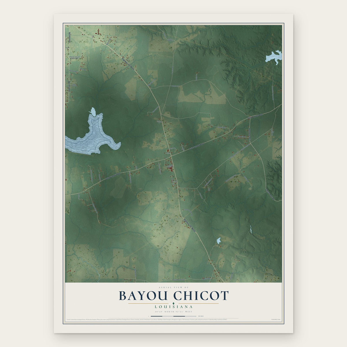 Bayou Chicot, Louisiana map print, the full design