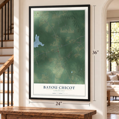 Bayou Chicot, Louisiana map, 24 x 36 inch print in a black frame by a staircase