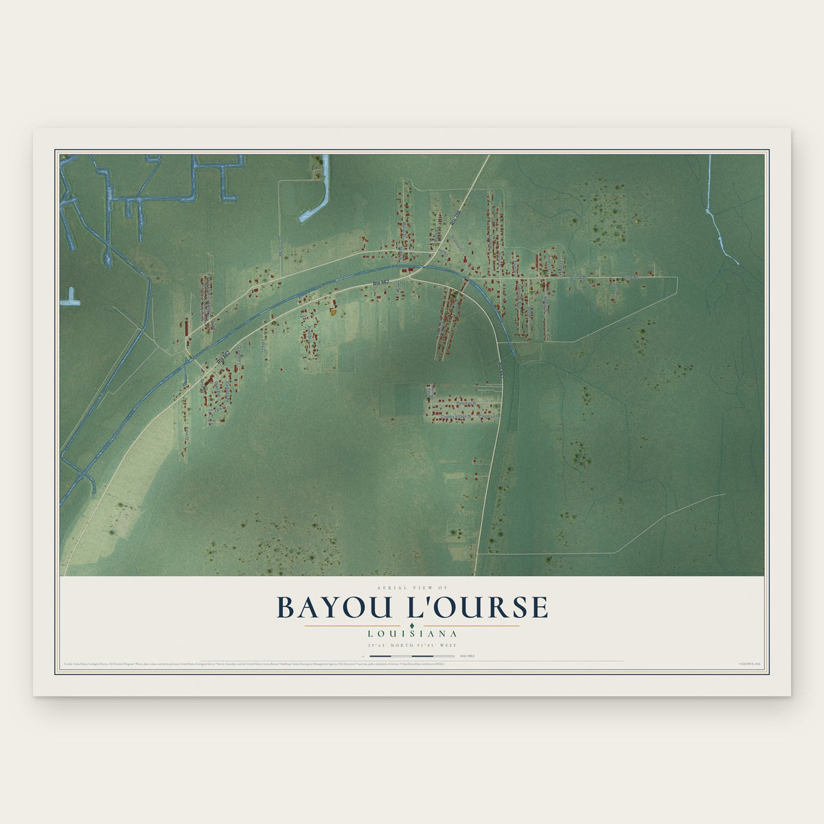 Bayou L'Ourse, Louisiana map print, the full design
