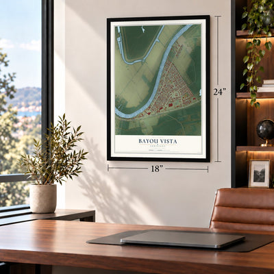 Bayou Vista, Louisiana map, 18 x 24 inch print in a black frame in a home office