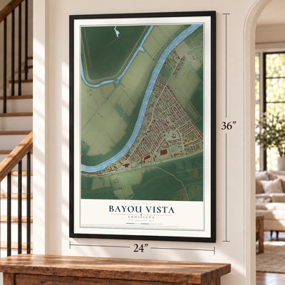 Bayou Vista, Louisiana map, 24 x 36 inch print in a black frame by a staircase