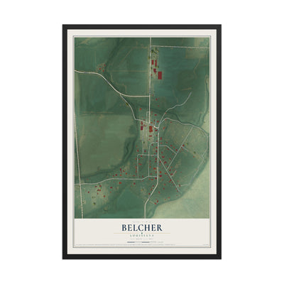 Map of Belcher, Louisiana, 12 x 18 inch print in a black wood frame