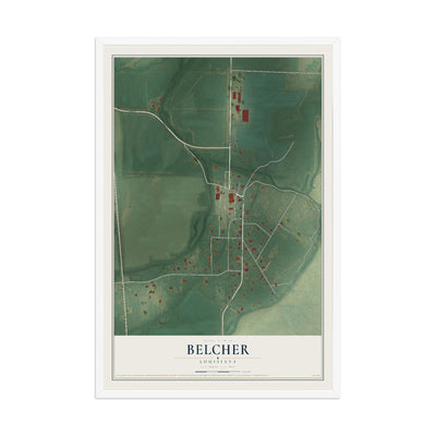 Map of Belcher, Louisiana, 12 x 18 inch print in a white wood frame