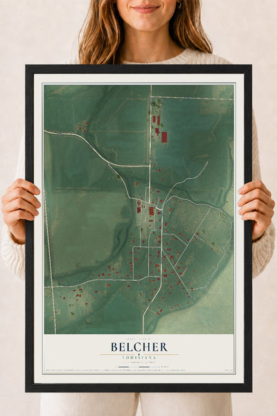 Map of Belcher, Louisiana, 18 x 24 inch print in a black wood frame