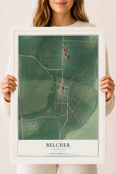 Map of Belcher, Louisiana, 18 x 24 inch print in a white wood frame