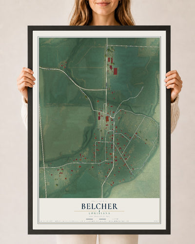 Map of Belcher, Louisiana, 24 x 36 inch print in a black wood frame