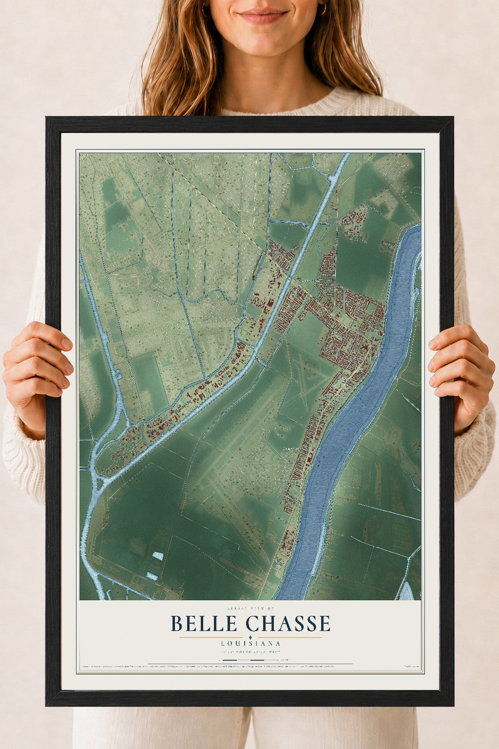 Map of Belle Chasse, Louisiana, 18 x 24 inch print in a black wood frame