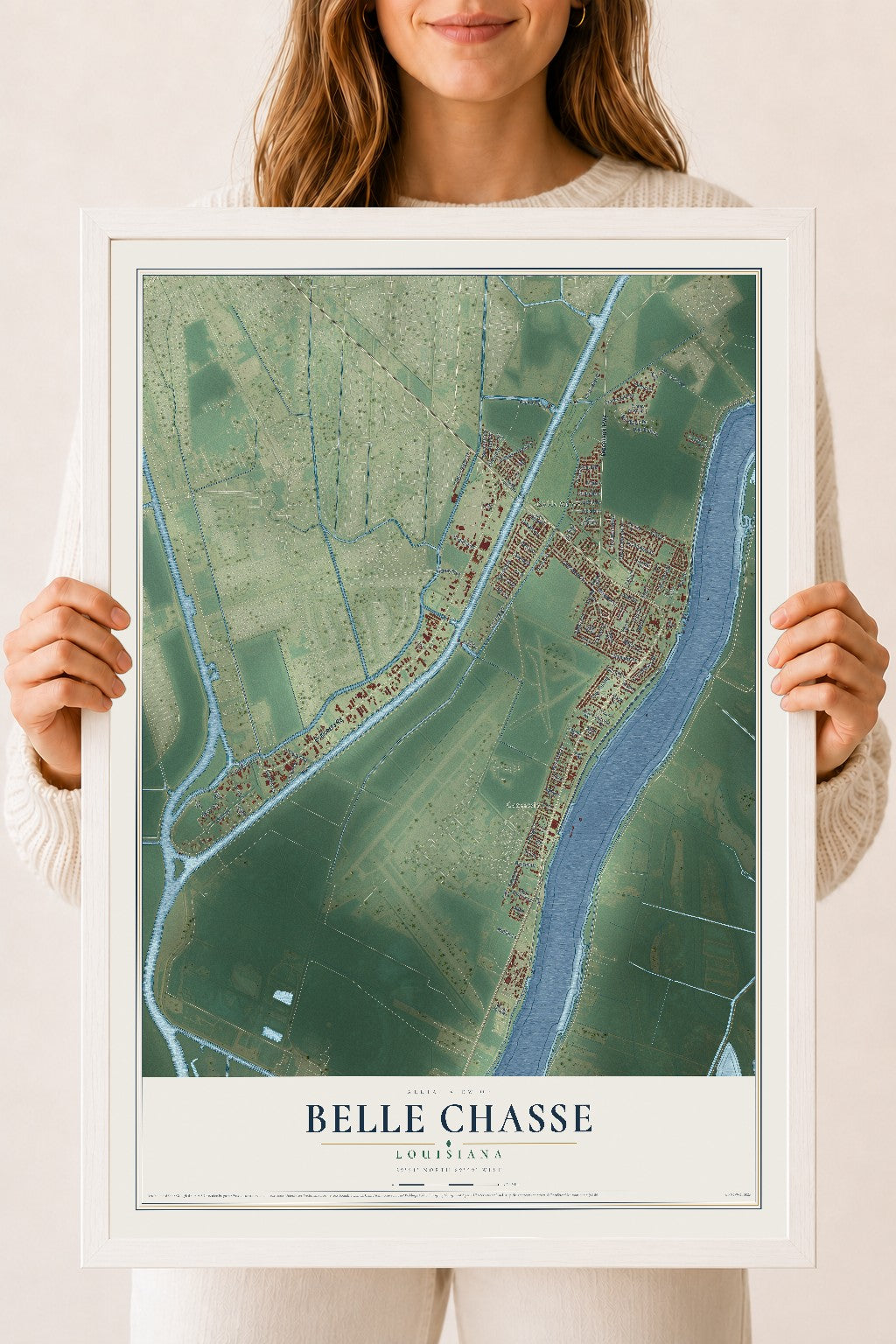 Map of Belle Chasse, Louisiana, 18 x 24 inch print in a white wood frame