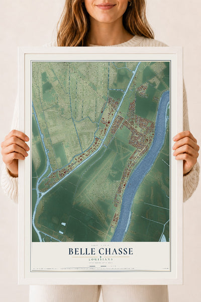 Map of Belle Chasse, Louisiana, 18 x 24 inch print in a white wood frame