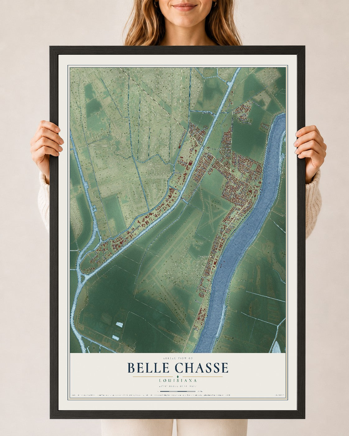 Map of Belle Chasse, Louisiana, 24 x 36 inch print in a black wood frame