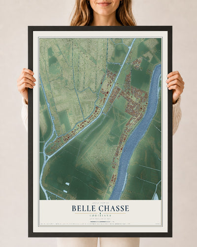 Map of Belle Chasse, Louisiana, 24 x 36 inch print in a black wood frame