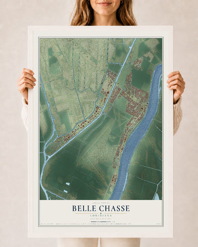 Map of Belle Chasse, Louisiana, 24 x 36 inch print in a white wood frame