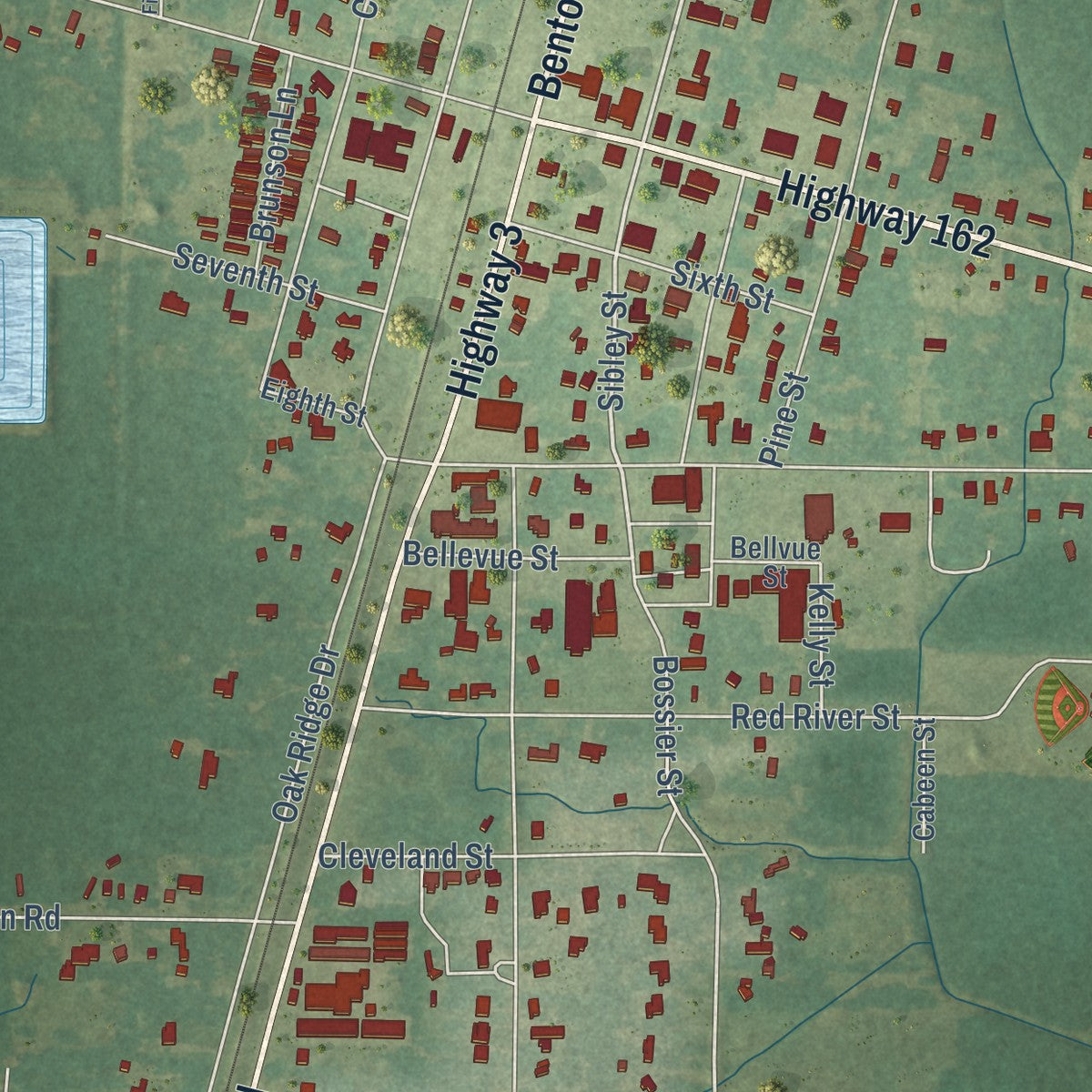 Close-up of the map of Benton, Louisiana print showing street and building detail