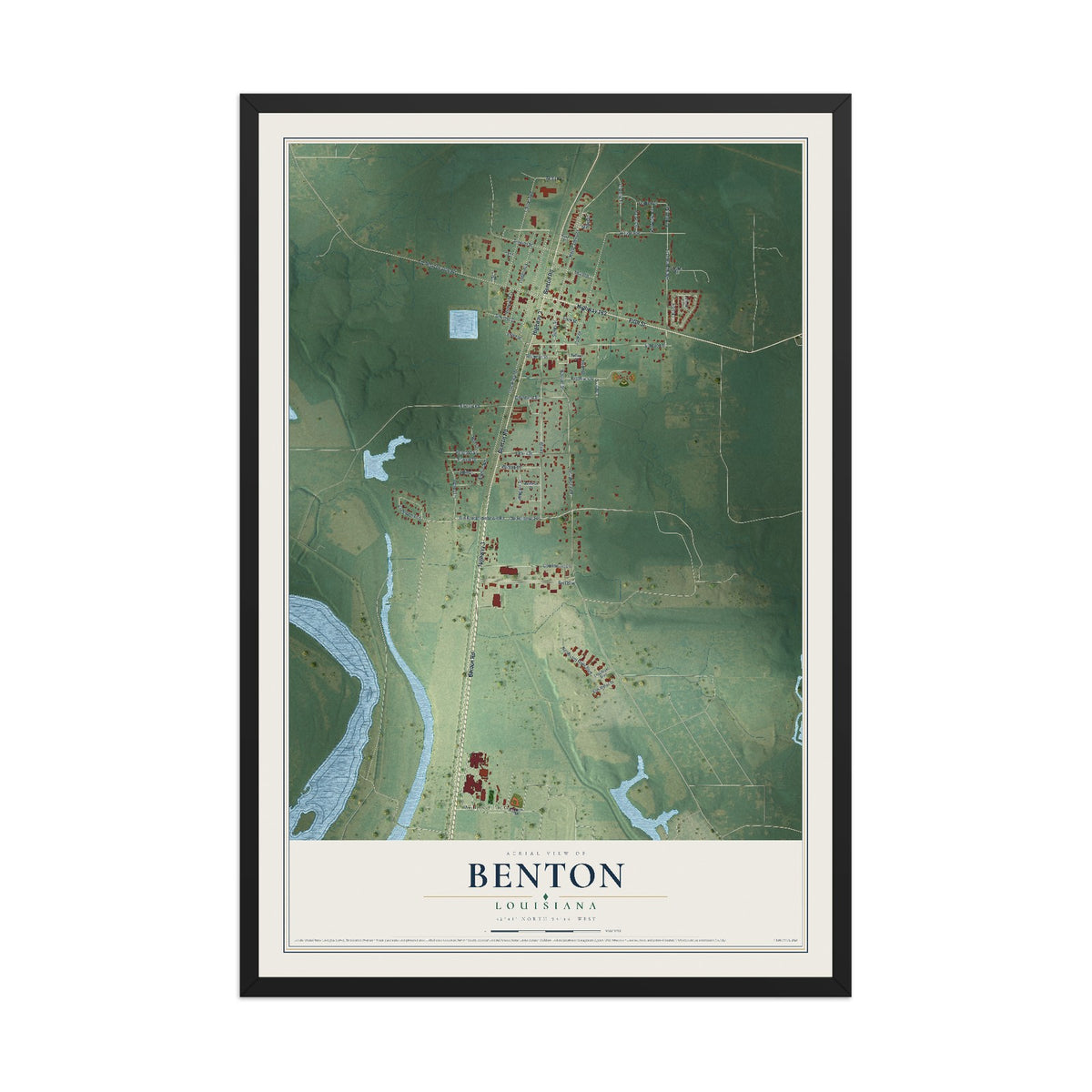 Map of Benton, Louisiana, 12 x 18 inch print in a black wood frame