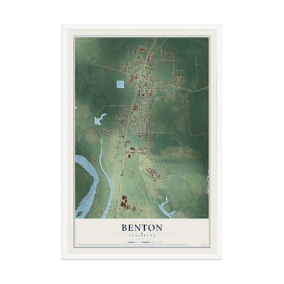 Map of Benton, Louisiana, 12 x 18 inch print in a white wood frame