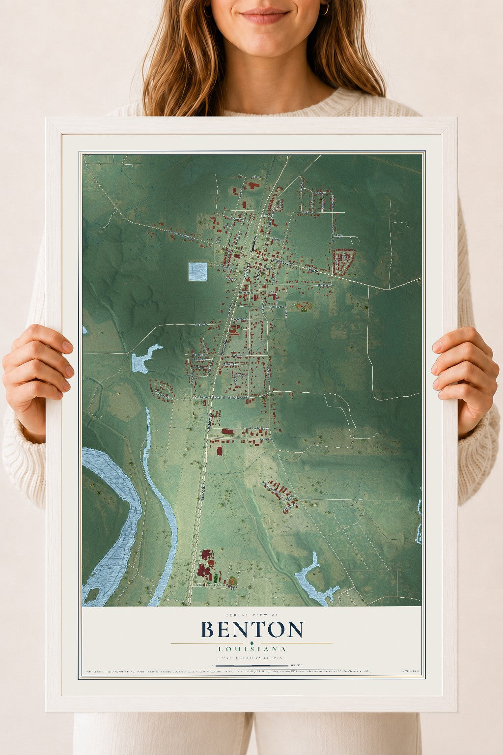 Map of Benton, Louisiana, 18 x 24 inch print in a white wood frame