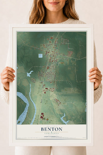 Map of Benton, Louisiana, 18 x 24 inch print in a white wood frame