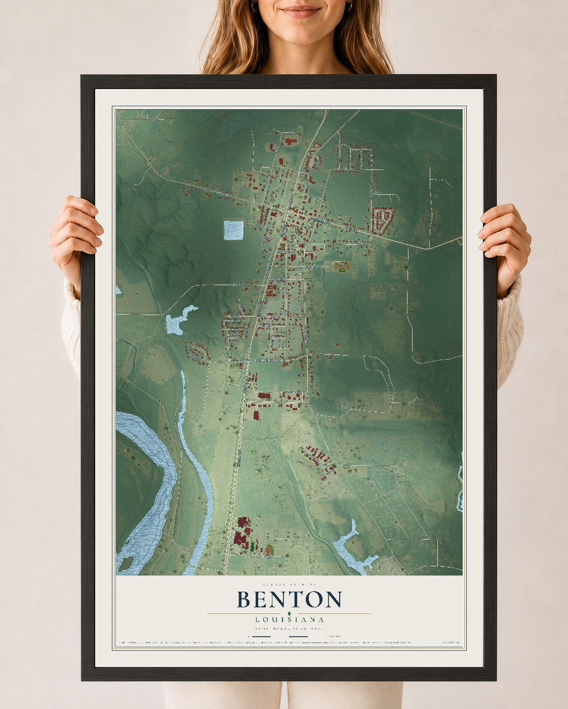 Map of Benton, Louisiana, 24 x 36 inch print in a black wood frame