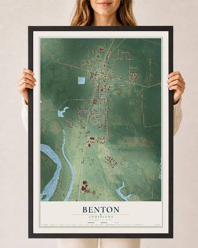 Map of Benton, Louisiana, 24 x 36 inch print in a black wood frame