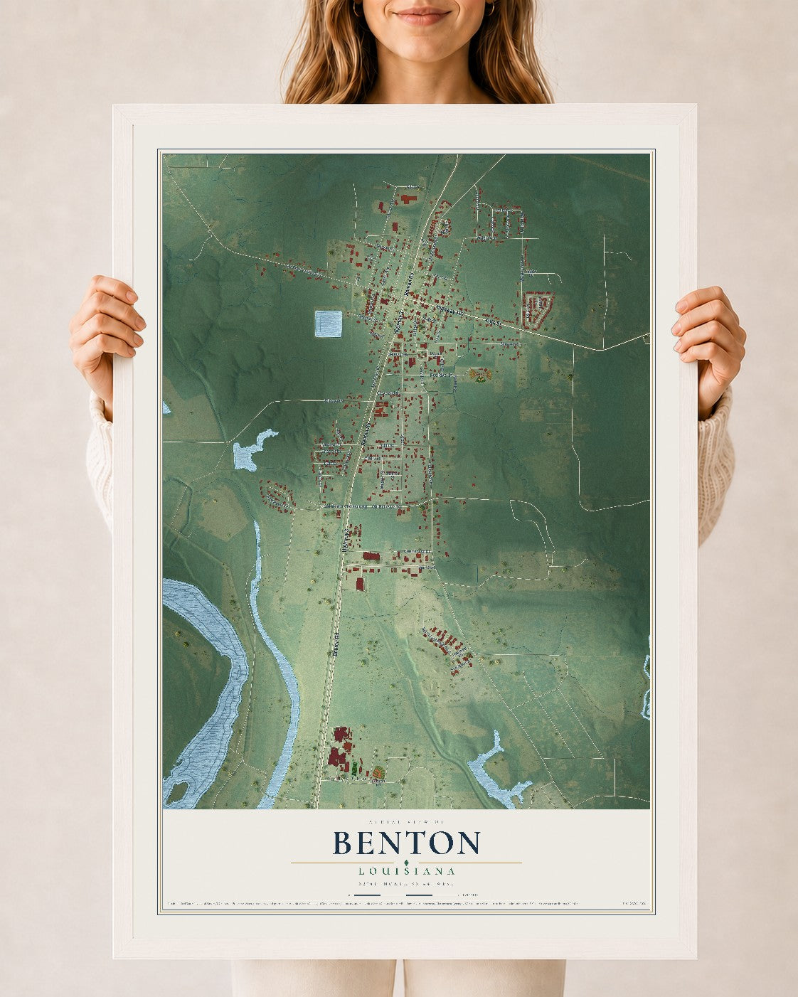 Map of Benton, Louisiana, 24 x 36 inch print in a white wood frame
