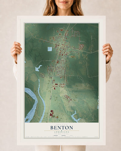 Map of Benton, Louisiana, 24 x 36 inch print in a white wood frame