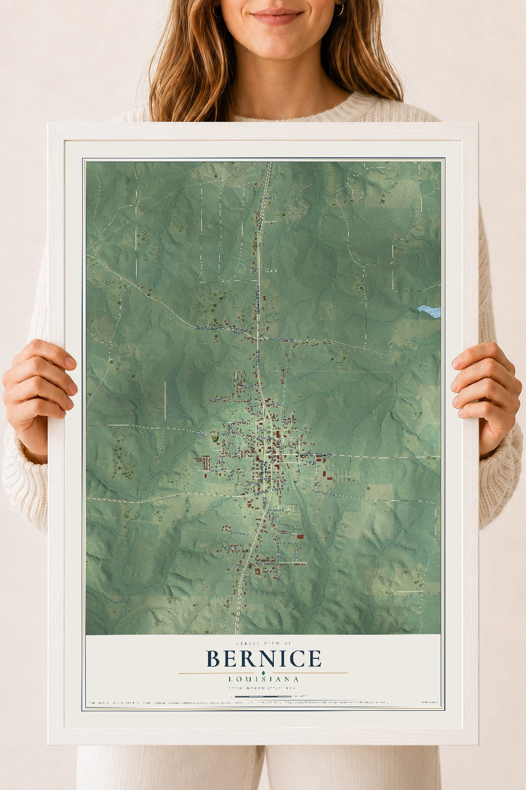 Map of Bernice, Louisiana, 18 x 24 inch print in a white wood frame
