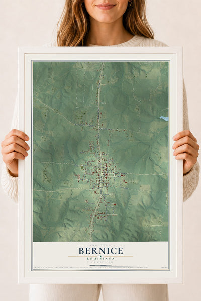 Map of Bernice, Louisiana, 18 x 24 inch print in a white wood frame
