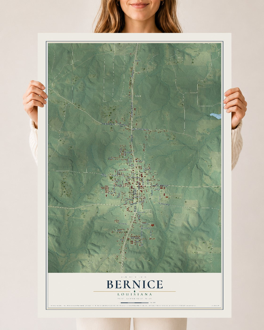 Map of Bernice, Louisiana, 24 x 36 inch unframed archival matte print