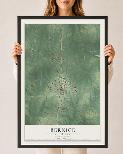 Map of Bernice, Louisiana, 24 x 36 inch print in a black wood frame