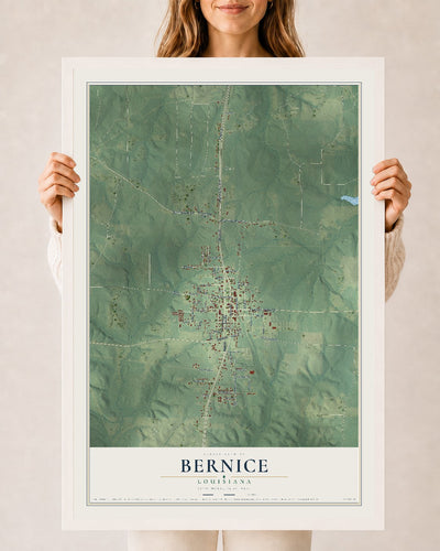 Map of Bernice, Louisiana, 24 x 36 inch print in a white wood frame